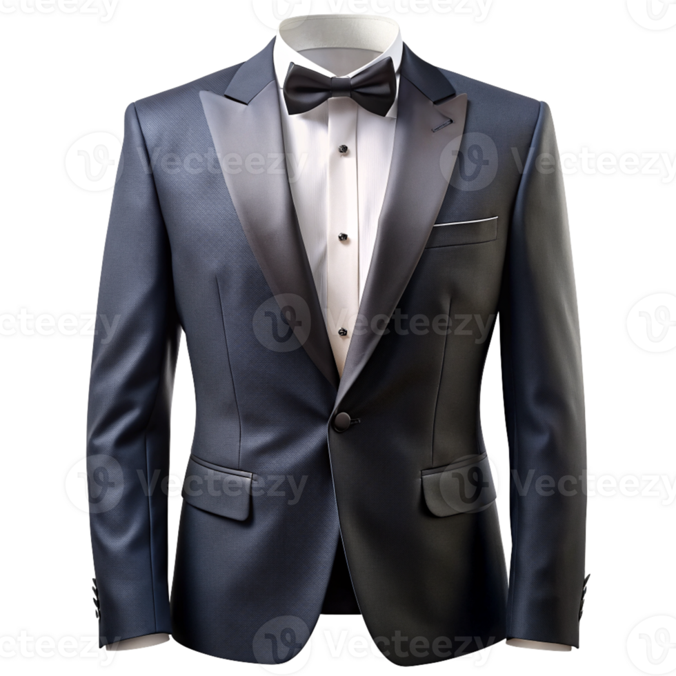 Elegant Navy Blue Tuxedo with Black Satin Lapels and Bow Tie - Men's Formal Wear for Special Occasions, cut out isolated PNG transparent