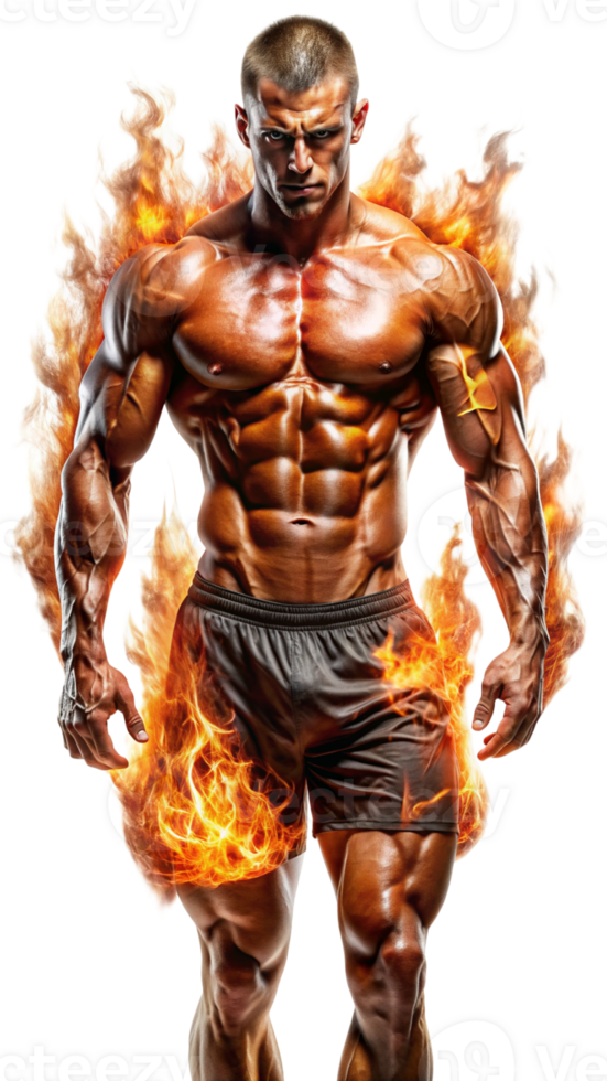 Muscular Man Surrounded by Flames - Powerful Fitness Motivation Concept cut out png on transparent background