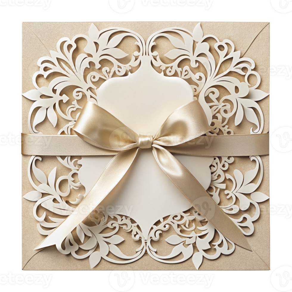 Elegant Laser-Cut Invitation with Satin Ribbon and Intricate Floral Design, cut out isolated PNG transparent