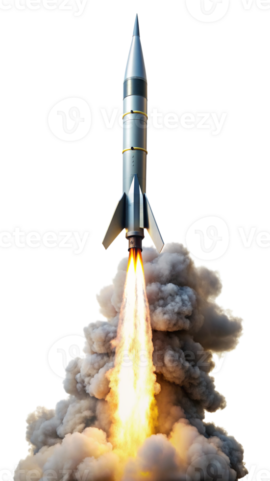 Powerful Rocket Launch with Fiery Trail and Dense Smoke cut out png on transparent background