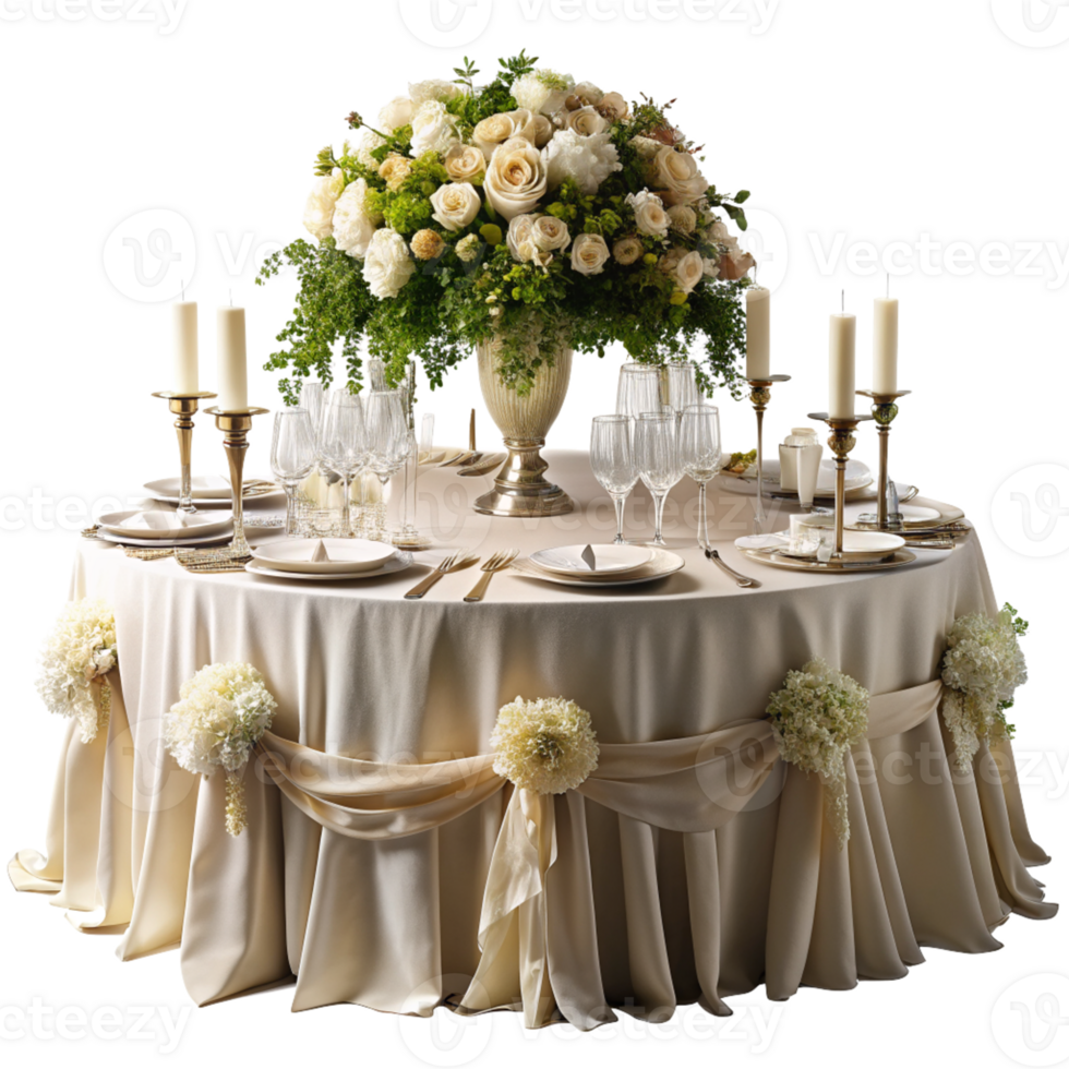 Elegant Wedding Reception Table with Floral Centerpiece and Candleholders, cut out isolated PNG transparent
