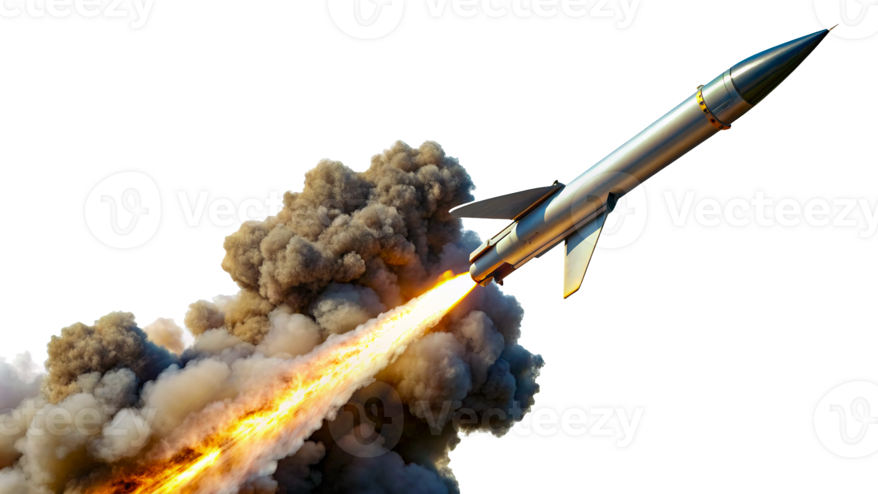 Dynamic Rocket Launch with Fiery Exhaust and Thick Smoke Trail cut out png on transparent background