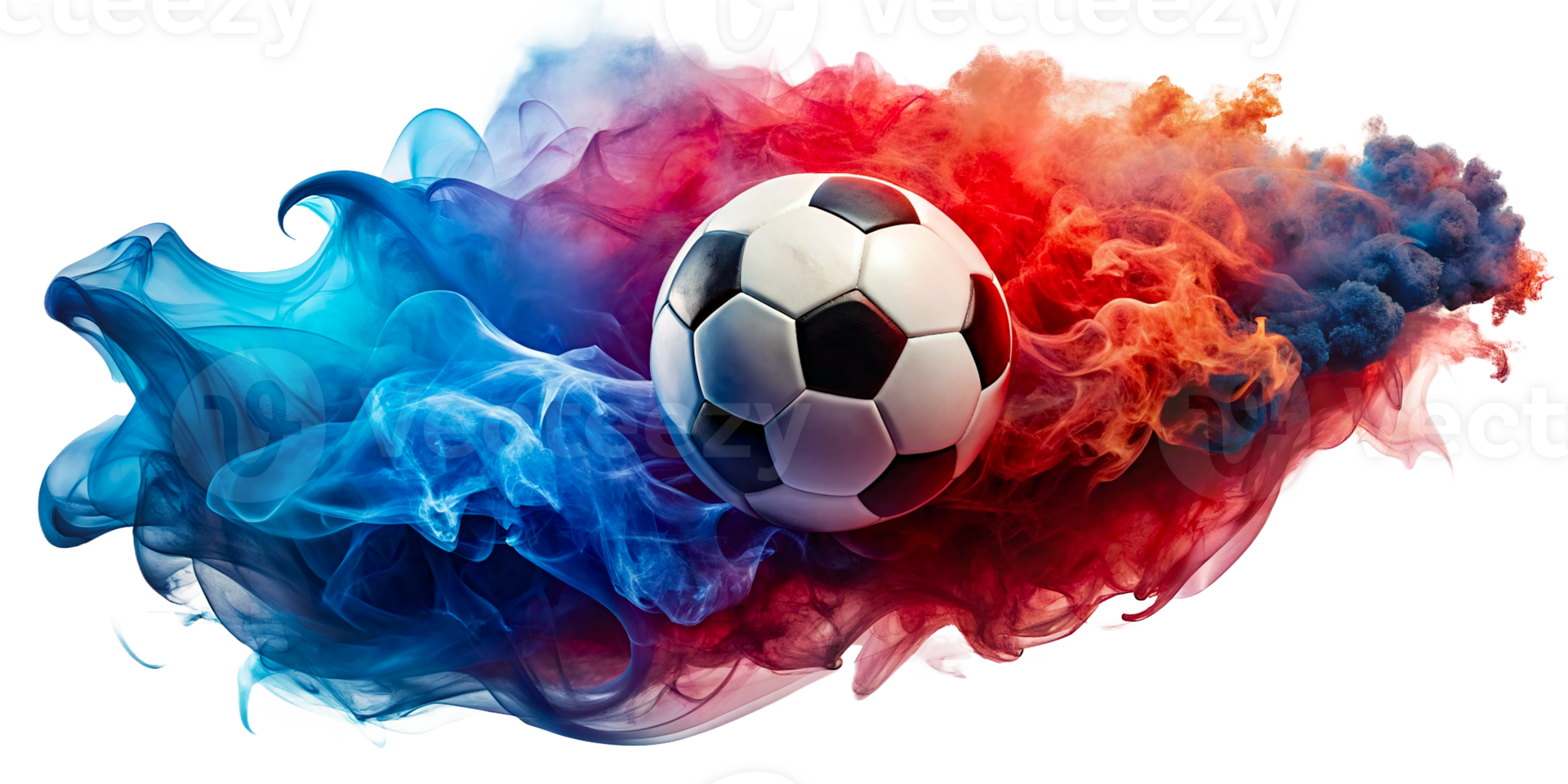 Dynamic Soccer Ball with Red and Blue Smoke Swirls cut out png on transparent background