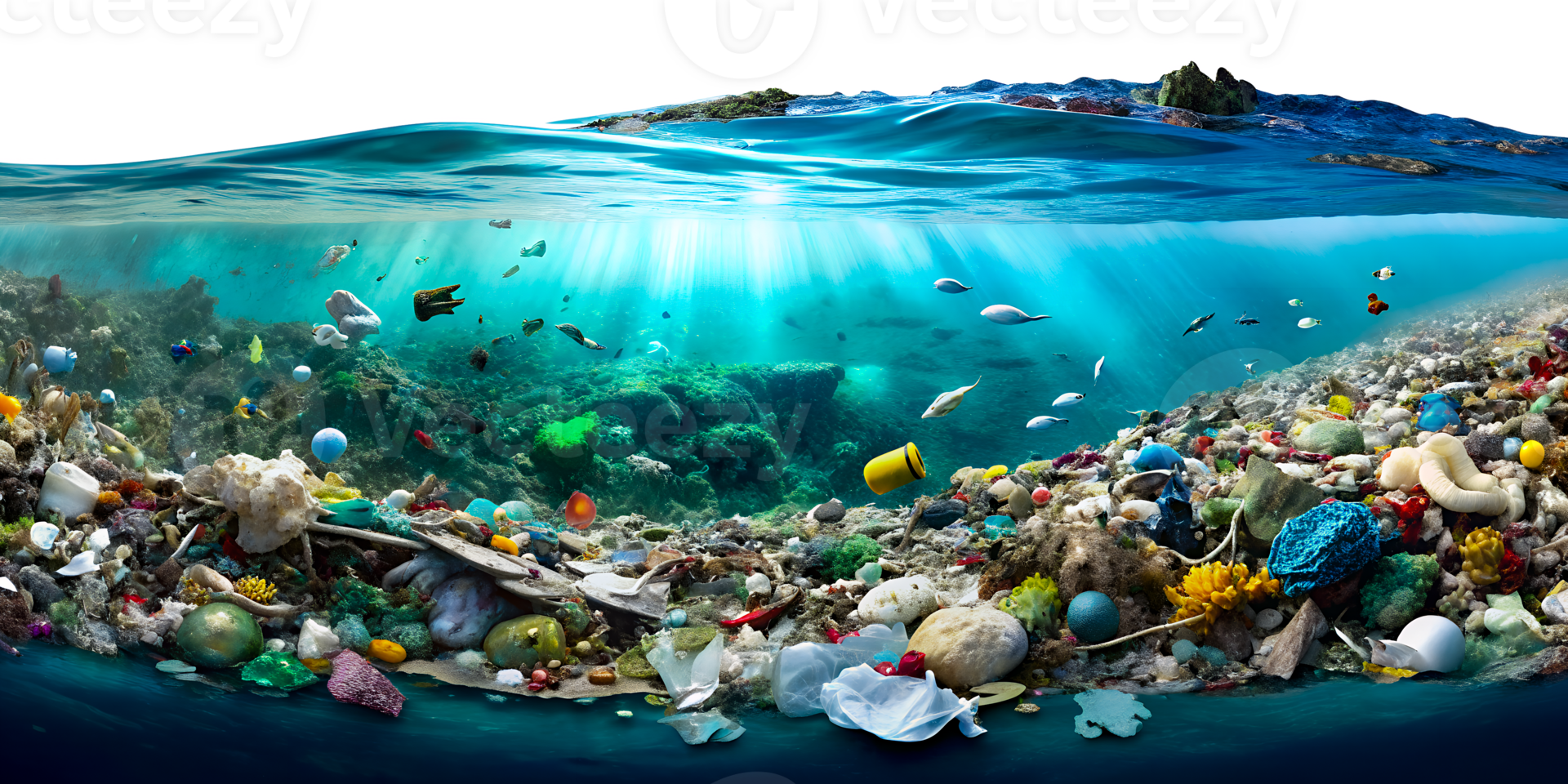 Underwater Pollution with Marine Life and Plastic Waste in the Ocean cut out png on transparent background