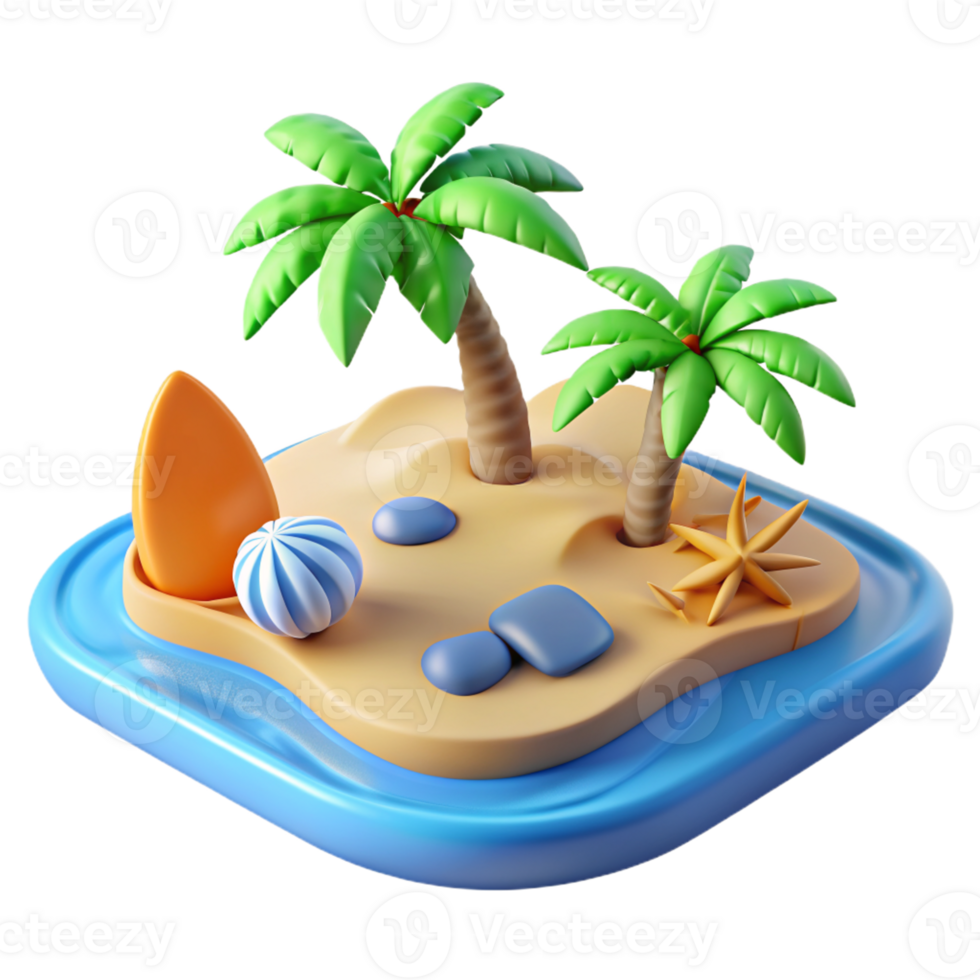 3D Icon of Tropical Island with Palm Trees, Surfboard, Beach Ball, and Starfish png