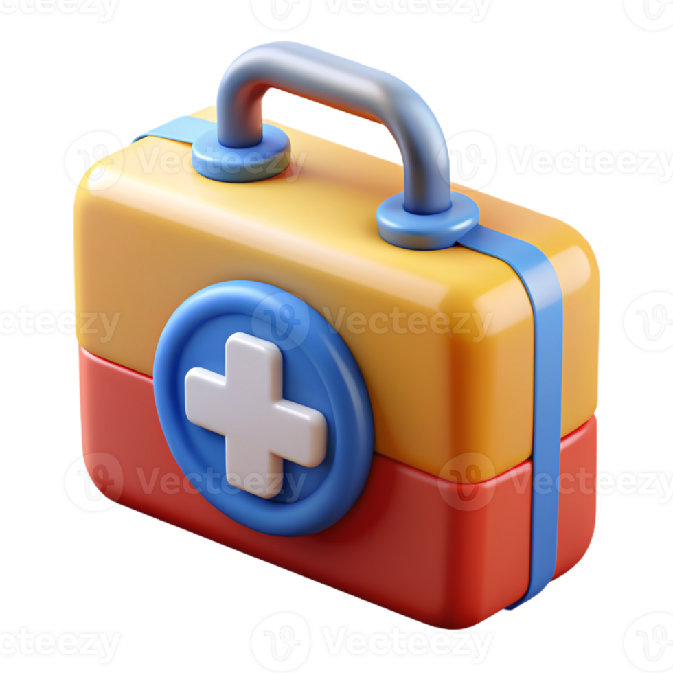 Colorful 3D First Aid Kit Icon with Handle and Medical Cross Symbol isolated PNG transparent background