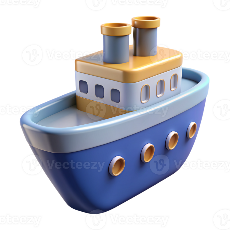 3D Icon of a Blue and Yellow Cartoon Ship with Smokestacks and Portholes png