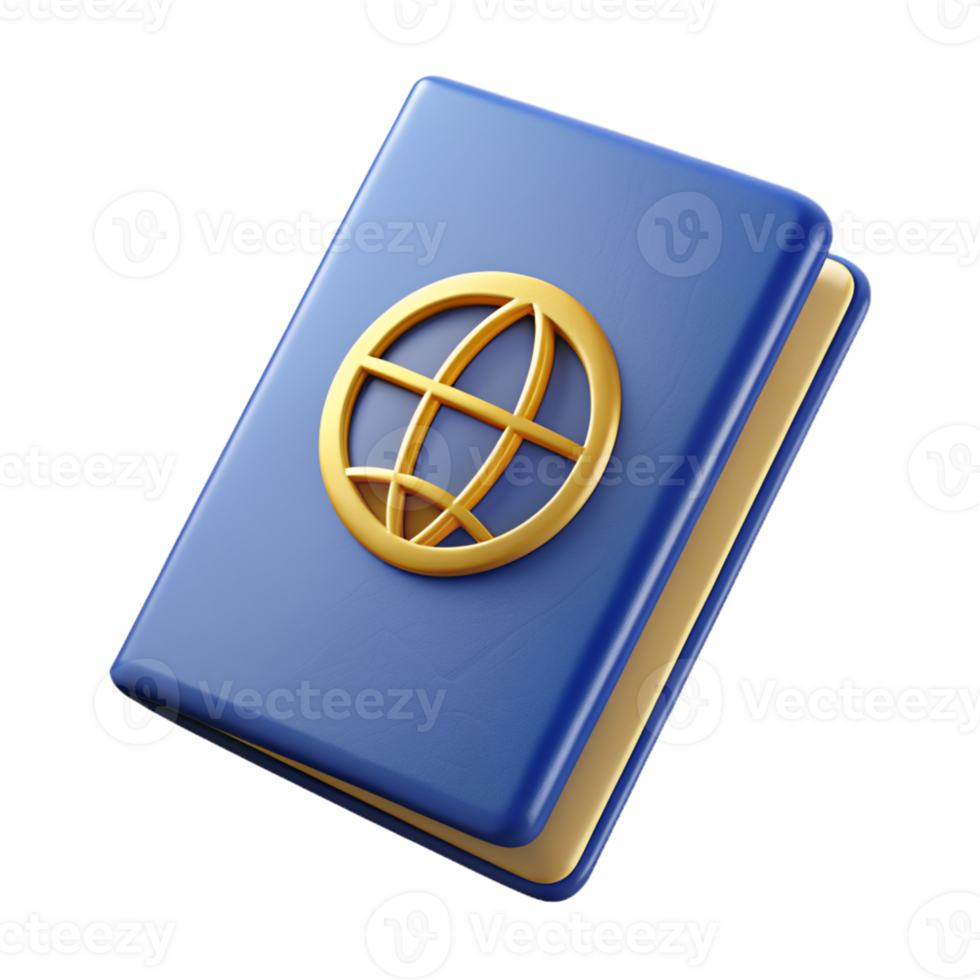 3D Icon of Blue Passport with Golden Globe Symbol png