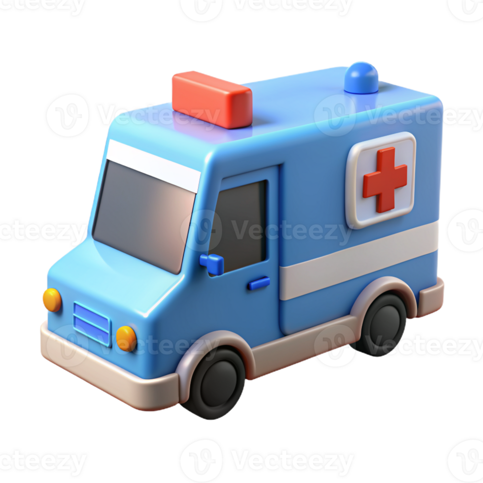 3D Icon of a Blue Ambulance with Red Cross and Emergency Lights isolated PNG transparent background