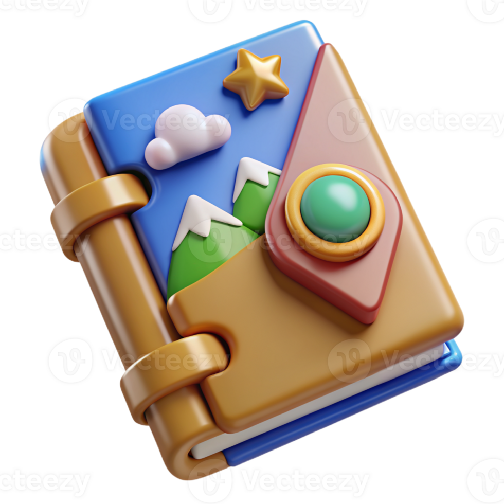 3D Icon of a Travel Guidebook with Mountain, Cloud, and Star Elements png