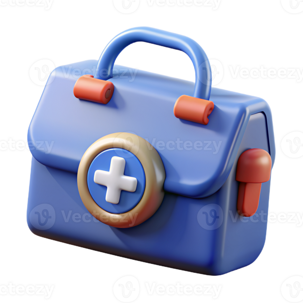 3d medical bag icon with blue handle and cross symbol isolated PNG transparent background