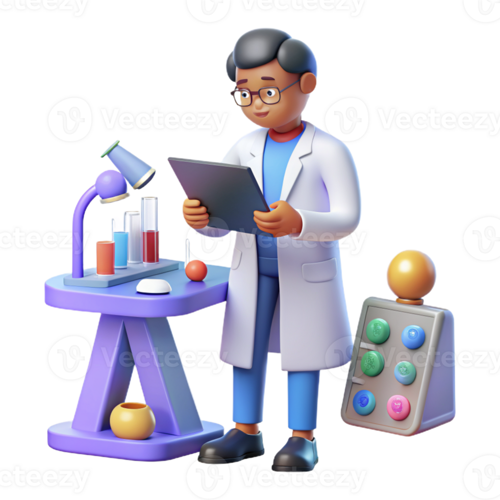 3D Icon of Scientist Conducting Laboratory Research with Equipment isolated PNG transparent background
