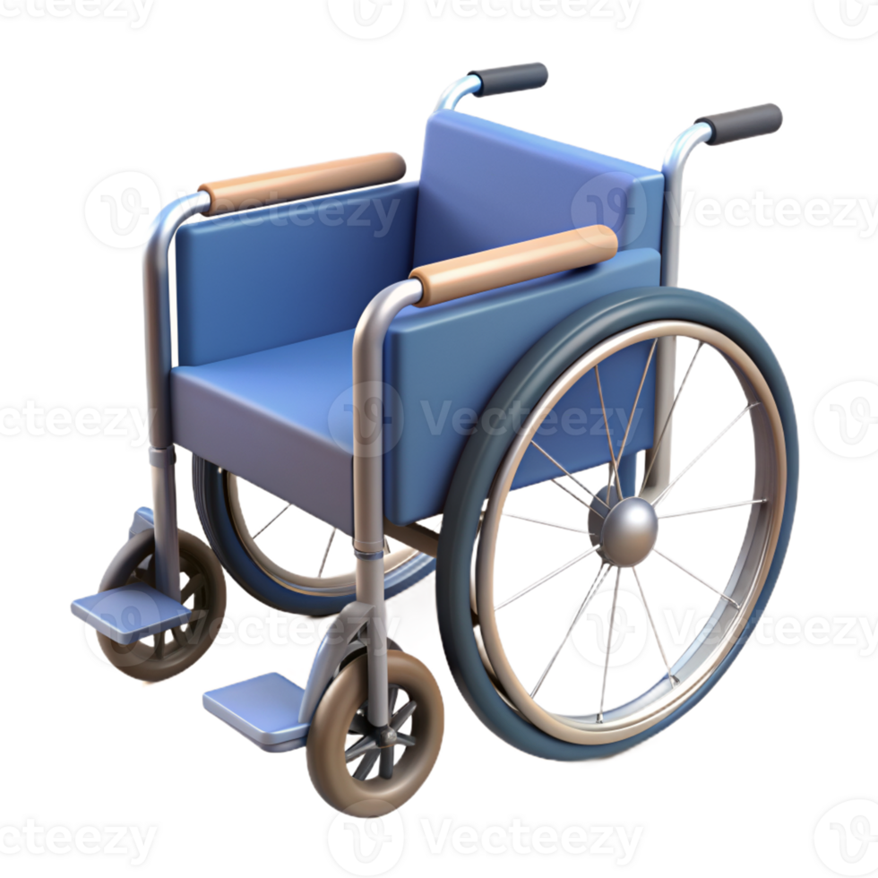 3D Icon of Modern Blue Wheelchair with Metal Frame and Rubber Wheels isolated PNG transparent background