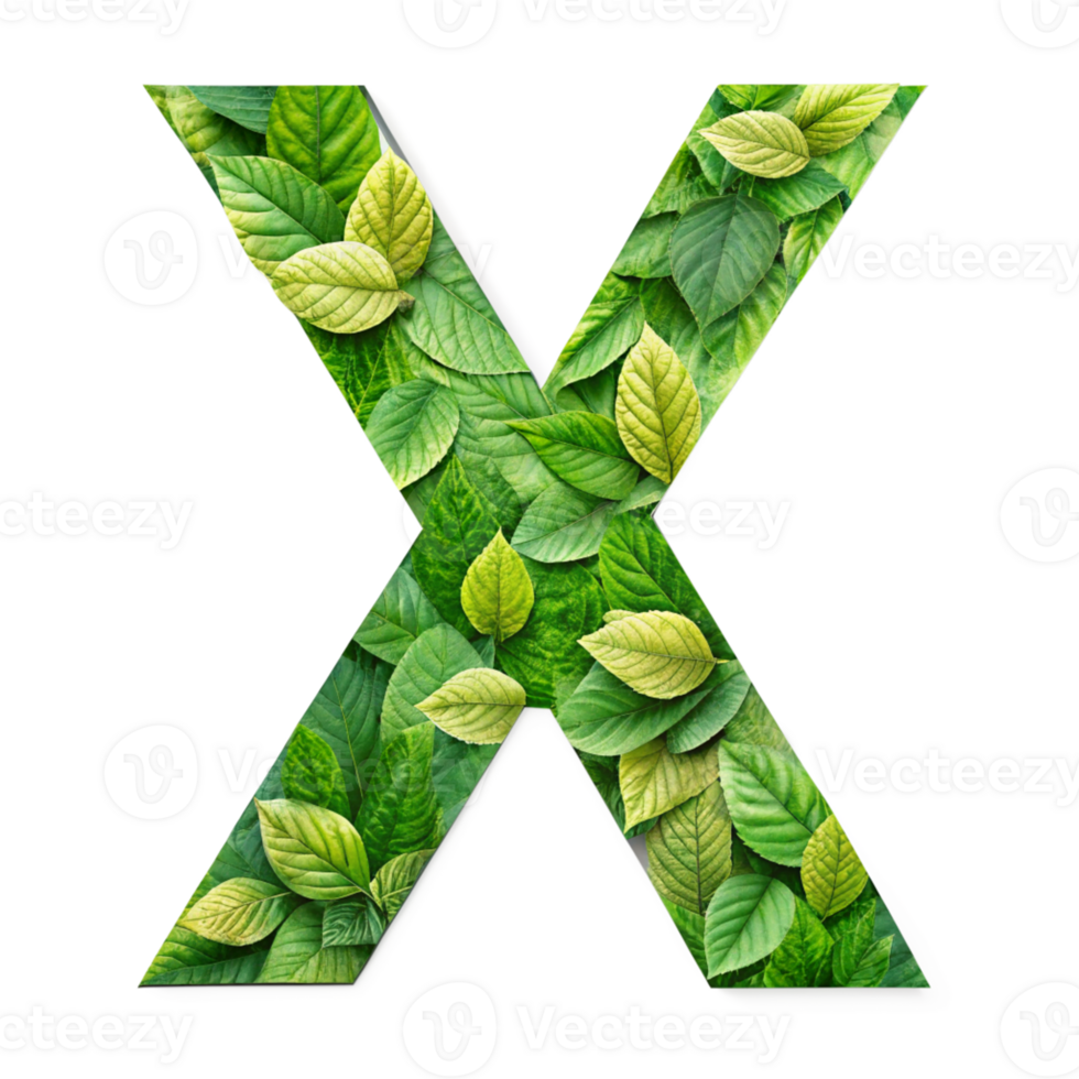 Green Leaf Alphabet Letter X - Nature Inspired Design cut out isolated PNG transparent