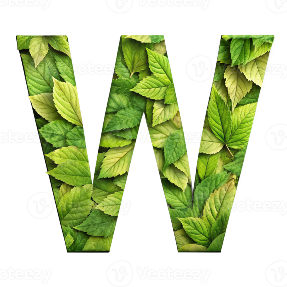Green Leaf Alphabet Letter W - Nature Inspired Design cut out isolated PNG transparent