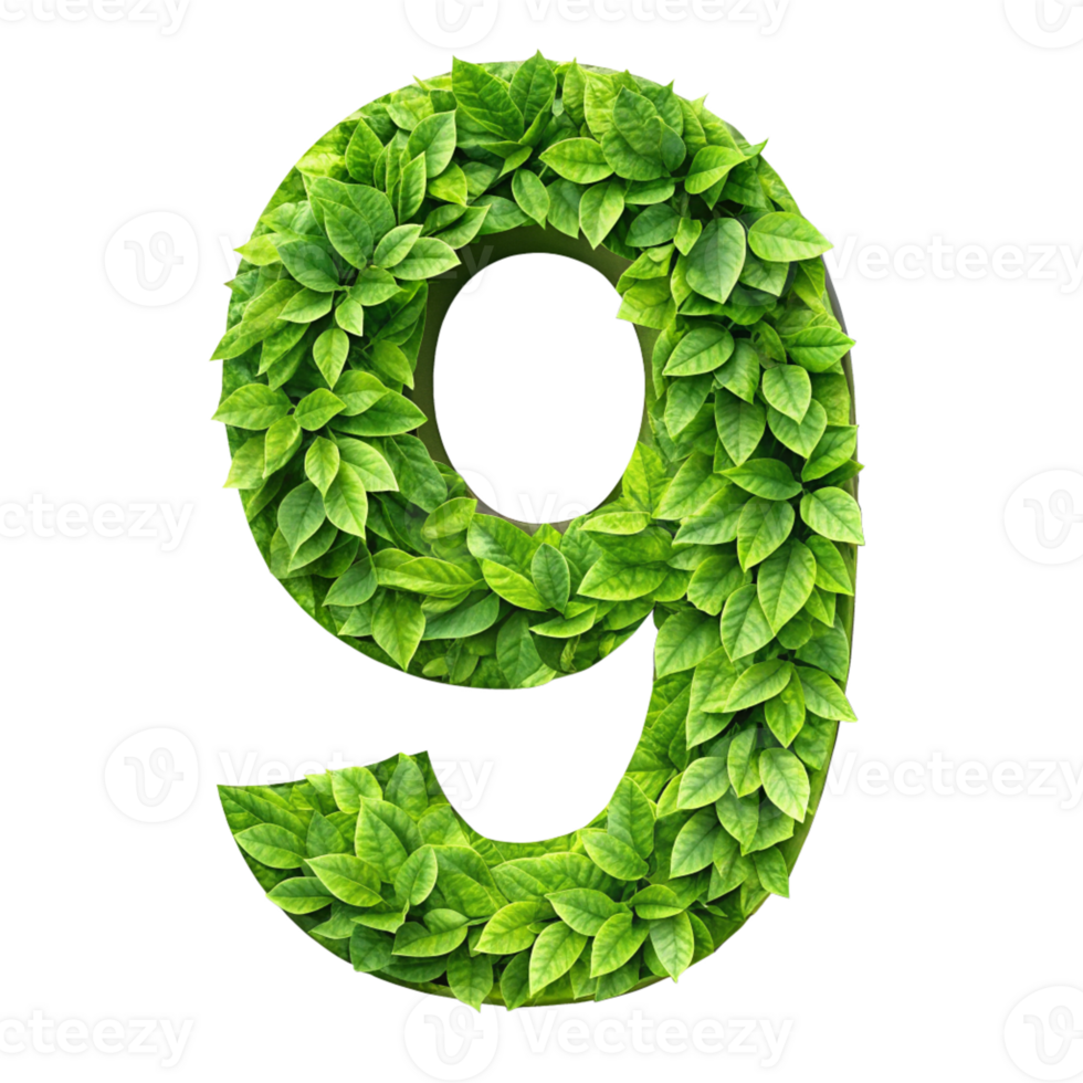 Number 9 made of green leaves cut out isolated PNG transparent