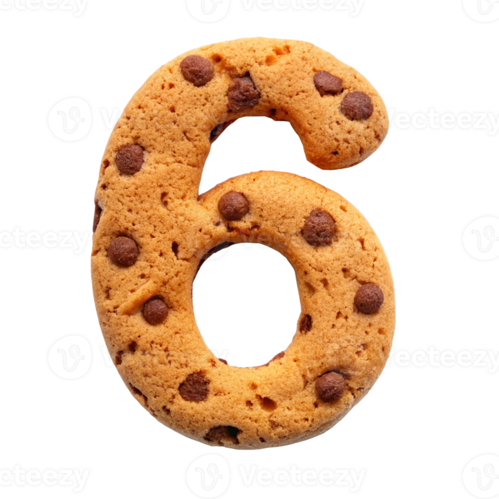 Chocolate Chip Cookie Number 6 cut out isolated PNG transparent