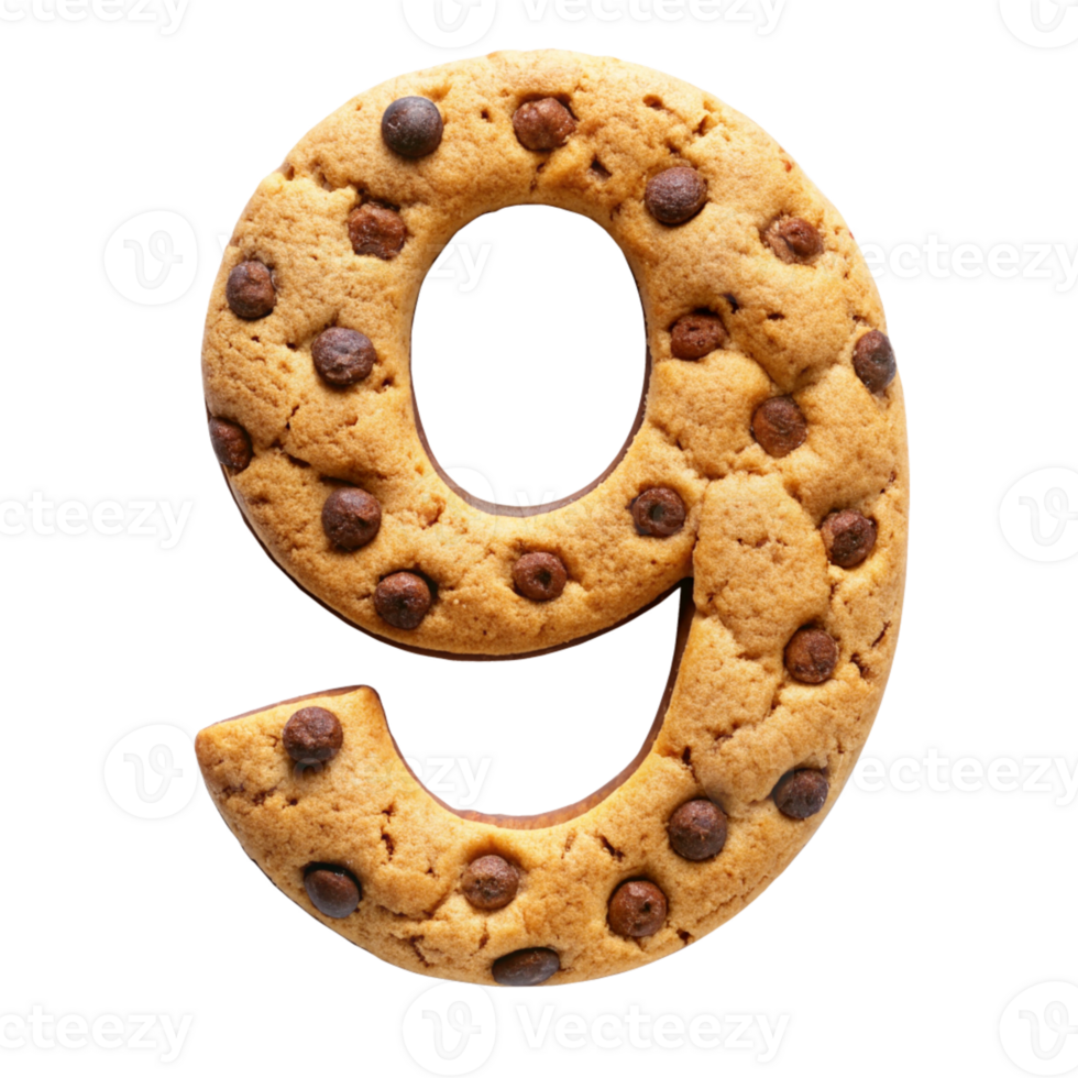 Chocolate Chip Cookie Number 9 cut out isolated PNG transparent