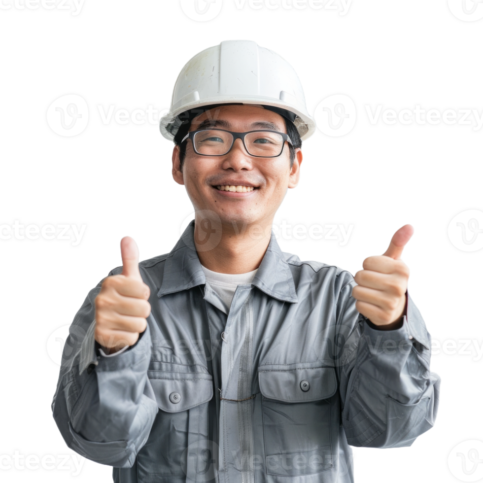 Smiling asian engineer man with thumb up isolated on transparent background png