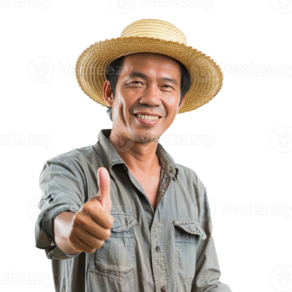 Smiling asian male farmer with thumb up isolated on transparent background png