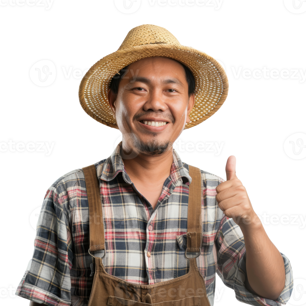 Smiling asian farmer man with thumb up isolated on transparent background png