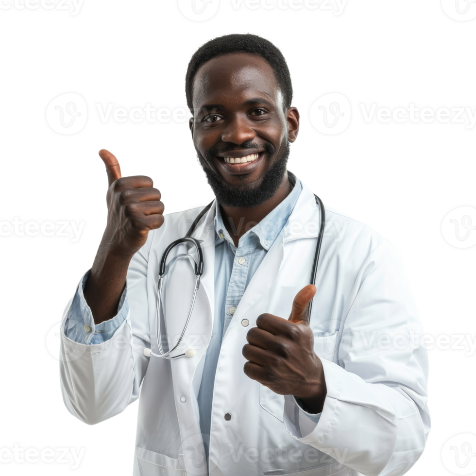 Black doctor man showing thumb up isolated on transparent background png