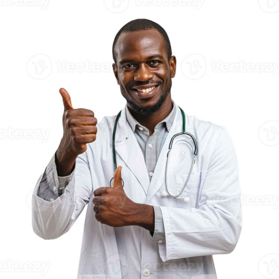 Smiling black doctor man showing thumb up isolated on transparent background png