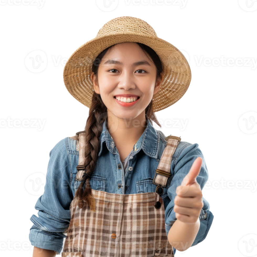 A young woman farmer wearing a straw hat and blue overalls is giving a thumbs up. She has a smile on her face and she is happy png