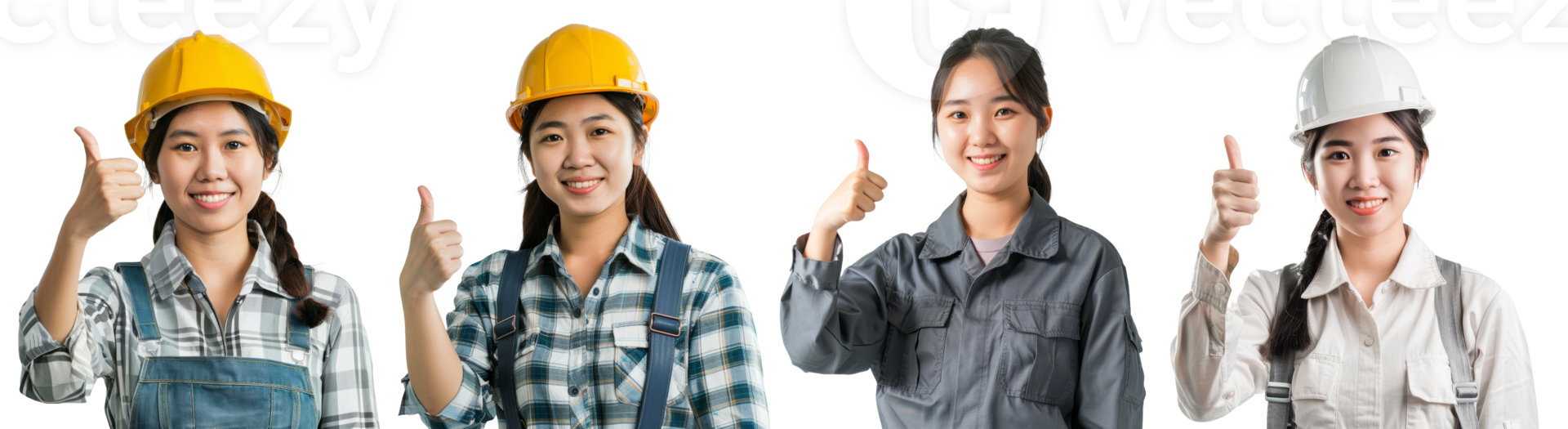 Asian engineer female wearing a helmet with thumb up on isolated transparent background png
