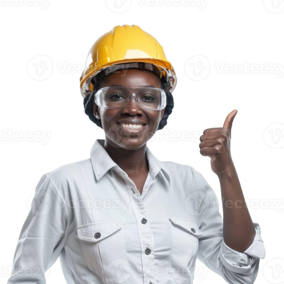 Smiling black engineer woman with thumb up isolated on transparent background png
