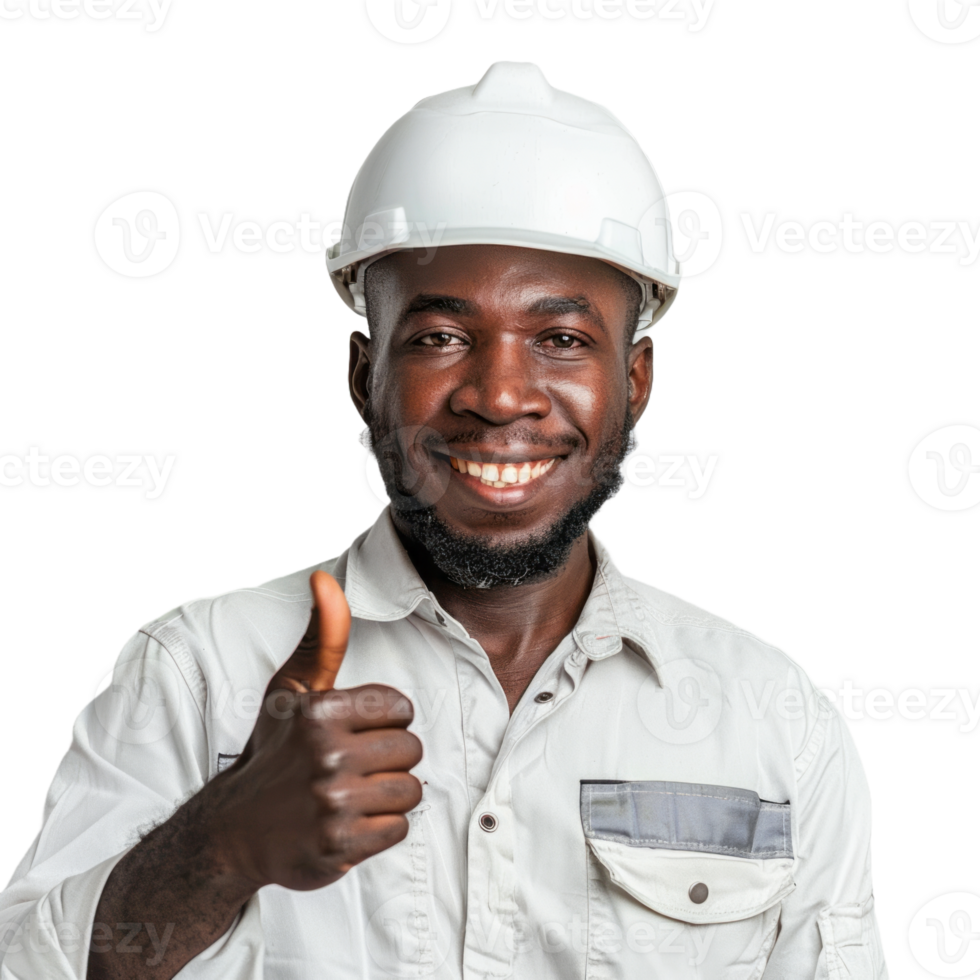Smiling black engineer male with thumb up isolated on transparent background png