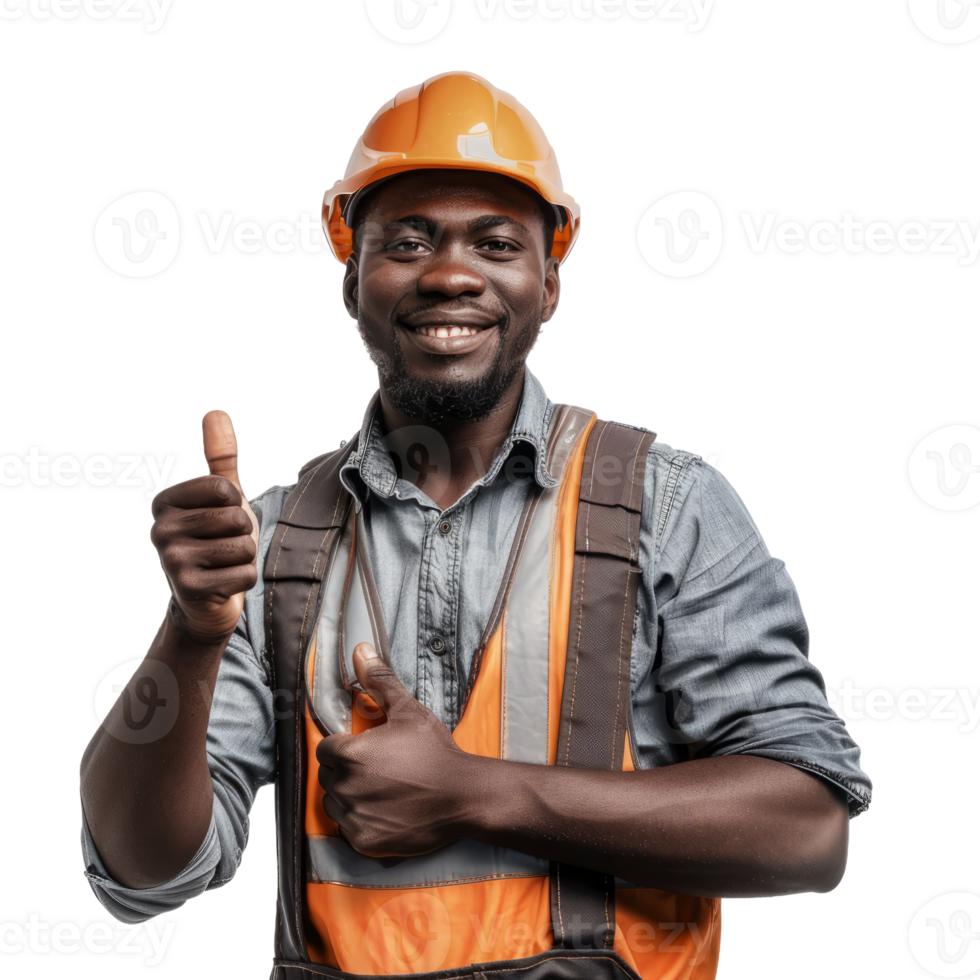 Smiling black engineer man with thumb up isolated on transparent background png