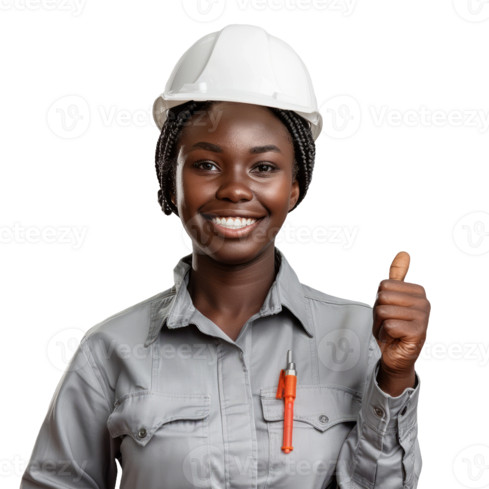 Happy black engineer woman with thumb up isolated on transparent background png