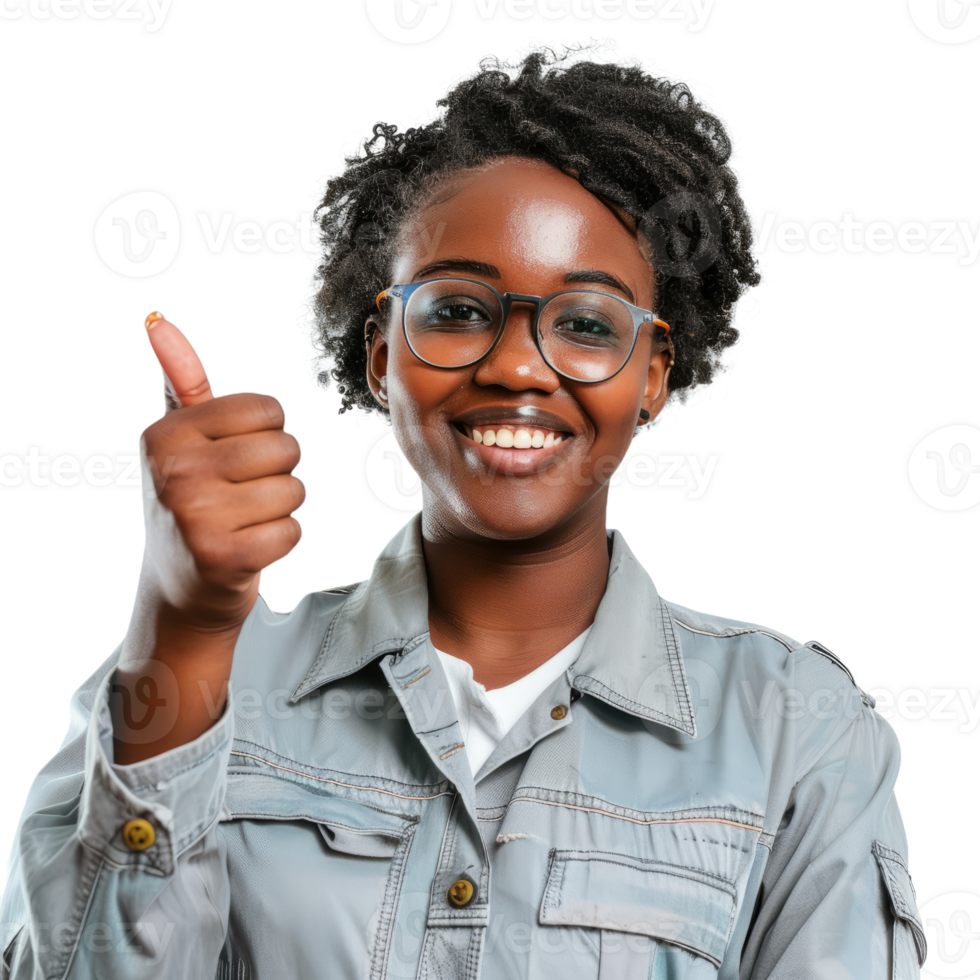 Smiling afro female engineer with thumb up isolated on transparent background png