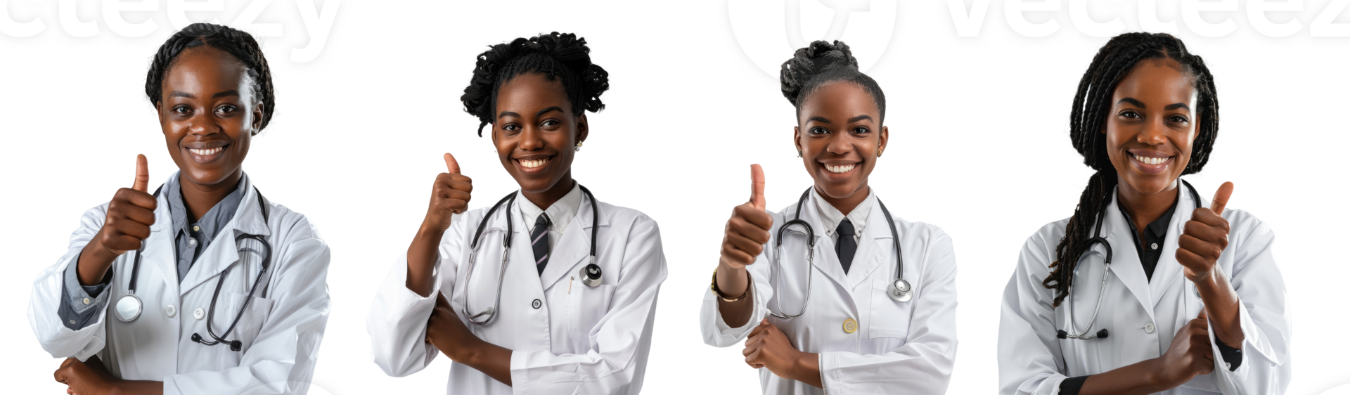Smiling black doctor woman giving a thumb up with stethoscope isolated on transparent background png