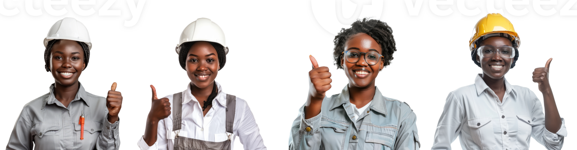 Afro female engineer with thumb up wearing a hardhat isolated on transparent background png