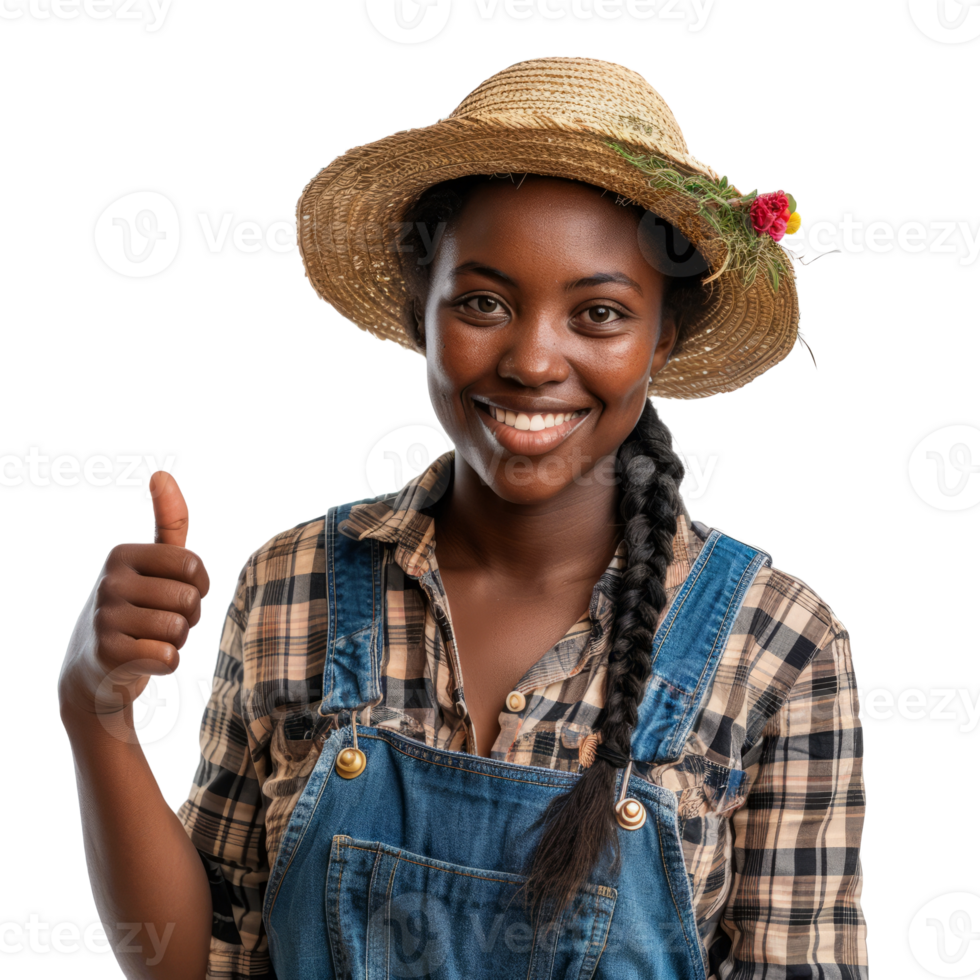 Smiling black female farmer with thumb up isolated on transparent background png