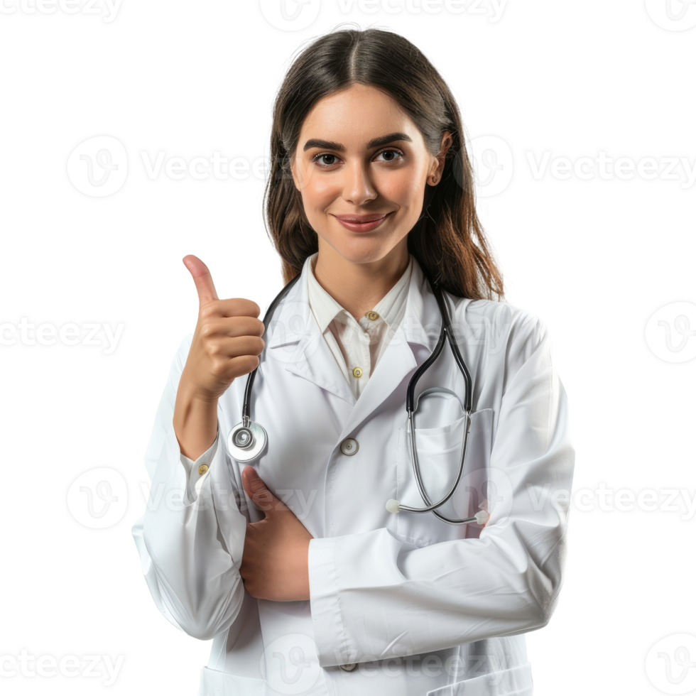 Smiling doctor woman with thumb up isolated on transparent background png