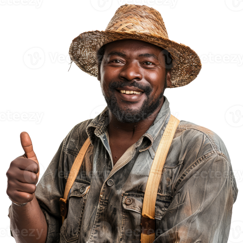 Black farmer man with thumb up isolated on transparent background png