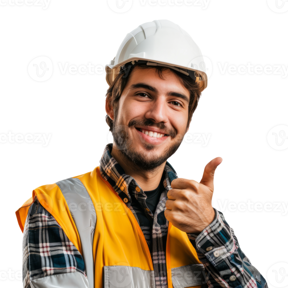 Builder professional man with thumb up isolated on transparent background png
