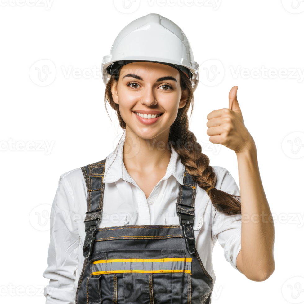 Smiling engineer woman with thumb up isolated on transparent background png