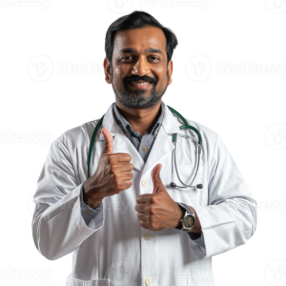 Smiling indian doctor man with thumb up isolated on transparent background png