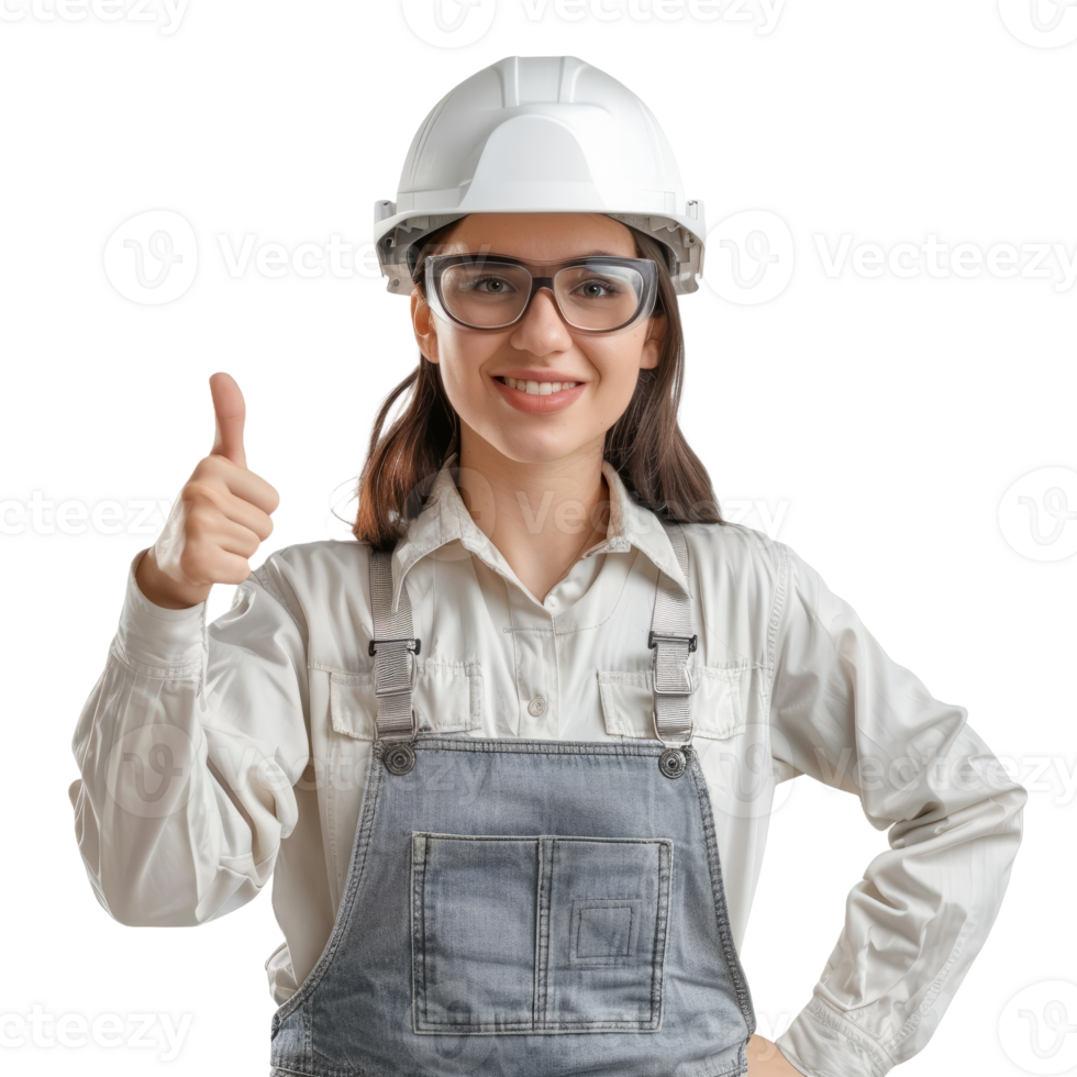 Pretty female engineer with thumb up isolated on transparent background png