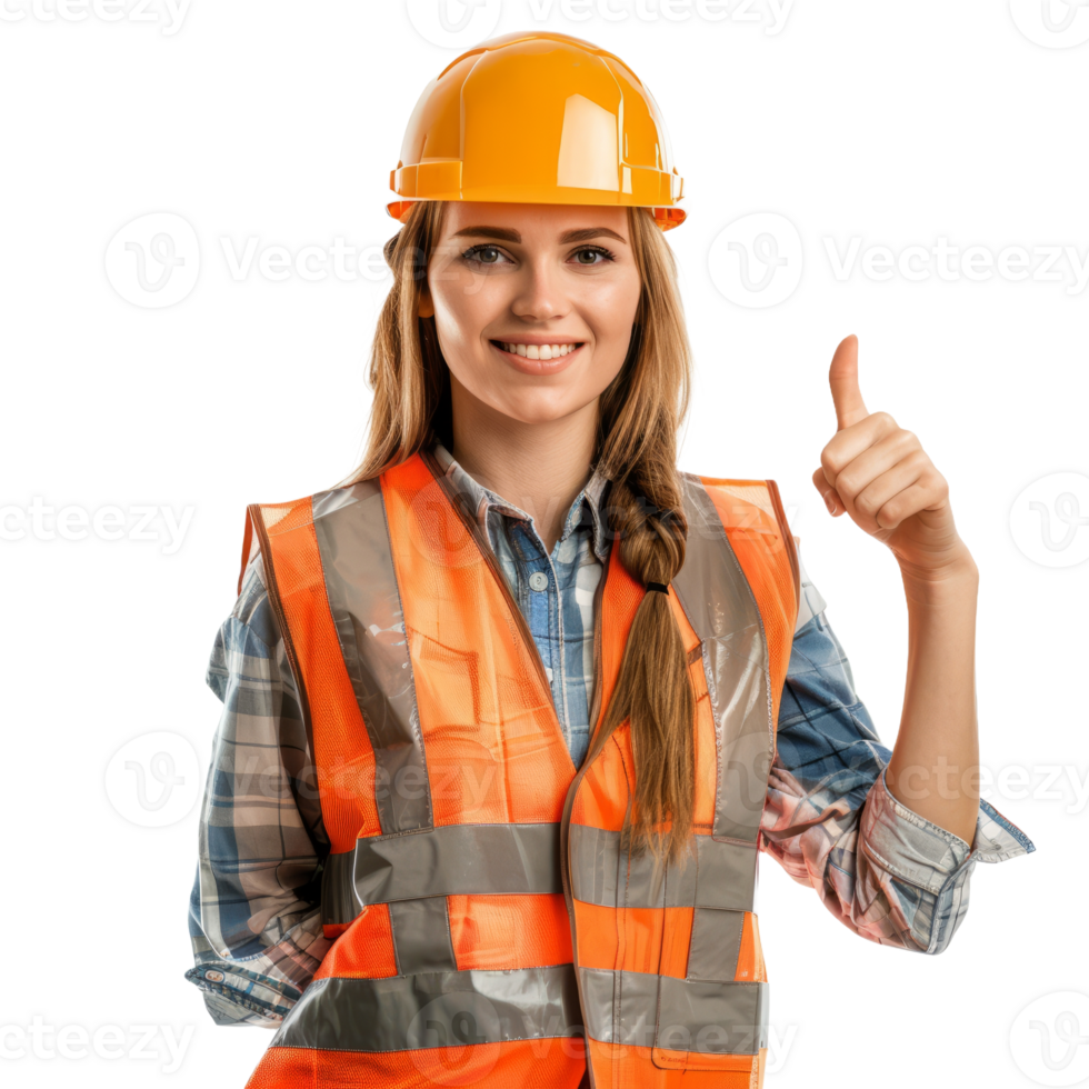 Builder professional woman with thumb up isolated on transparent background png