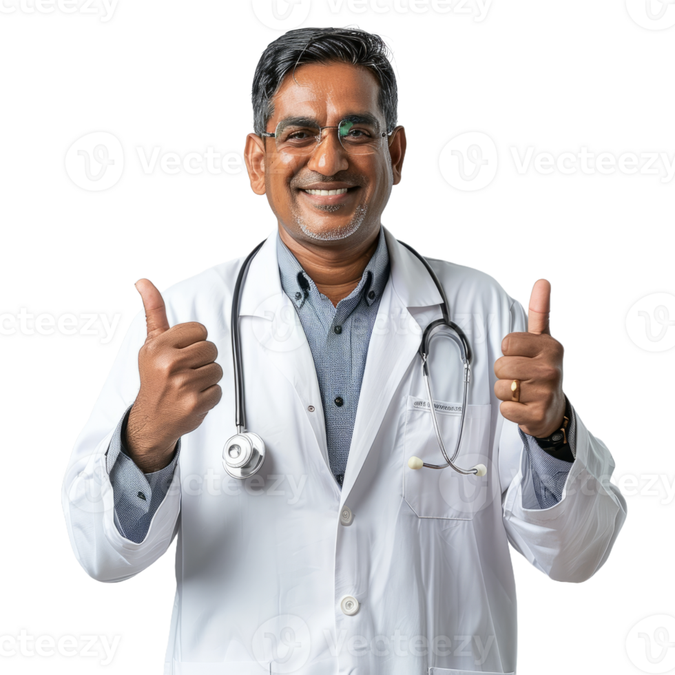 Indian doctor man with thumb up with stethoscope isolated on transparent background png