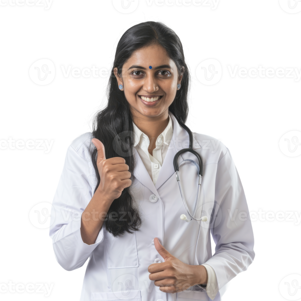 Smiling indian doctor woman with thumb up isolated on transparent background png