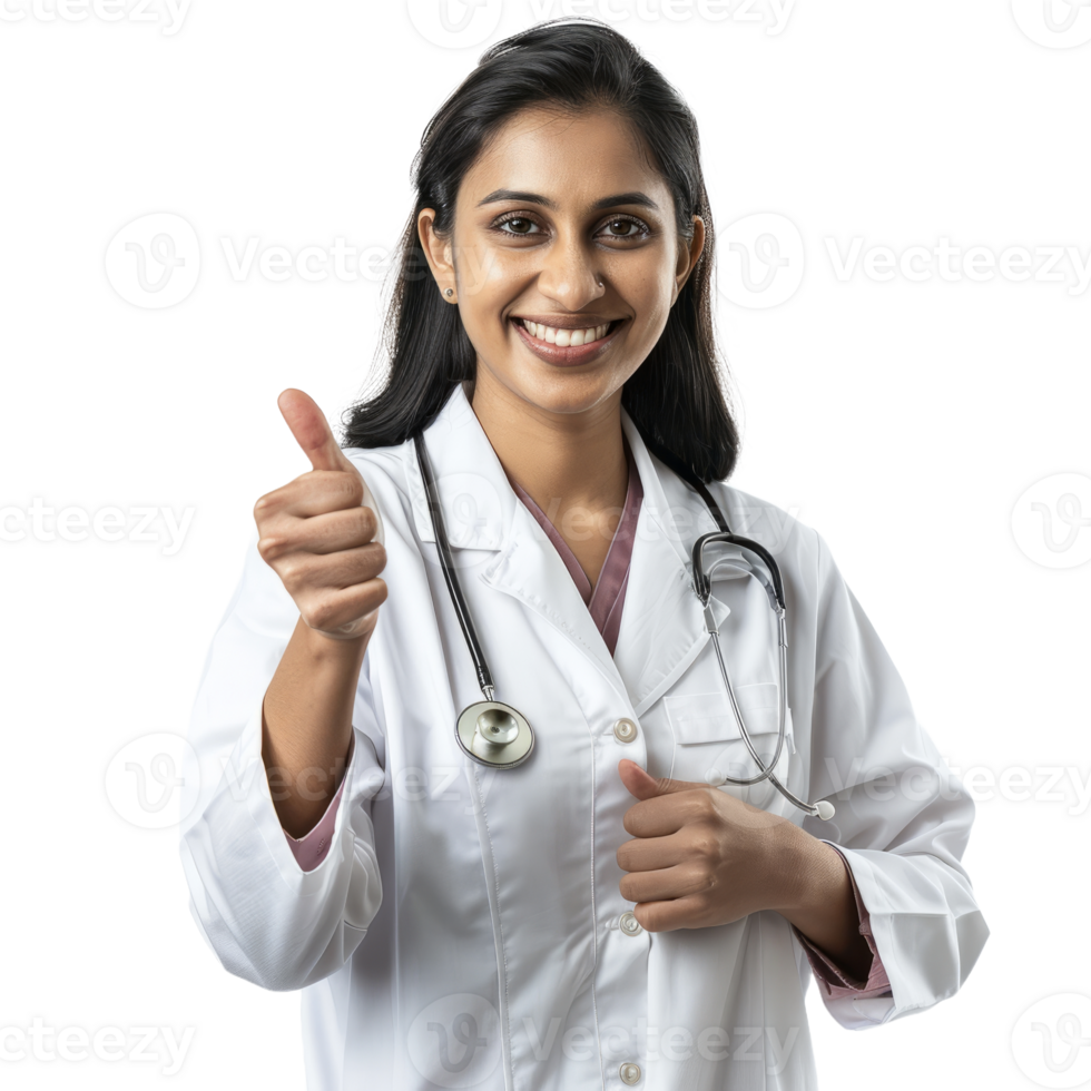 Indian doctor woman with thumb up with stethoscope isolated on transparent background png