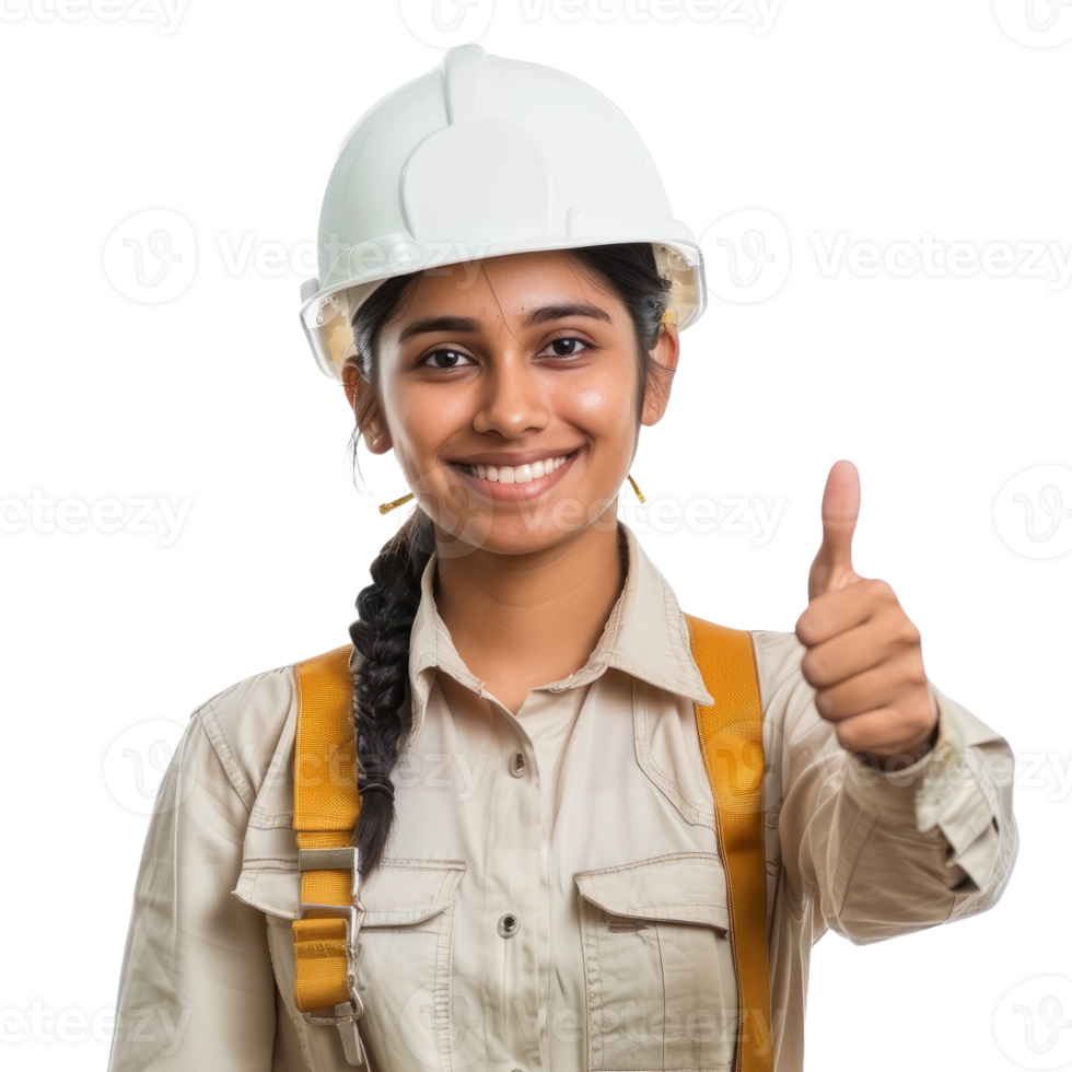 Pretty indian female engineer with thumb up isolated on transparent background png