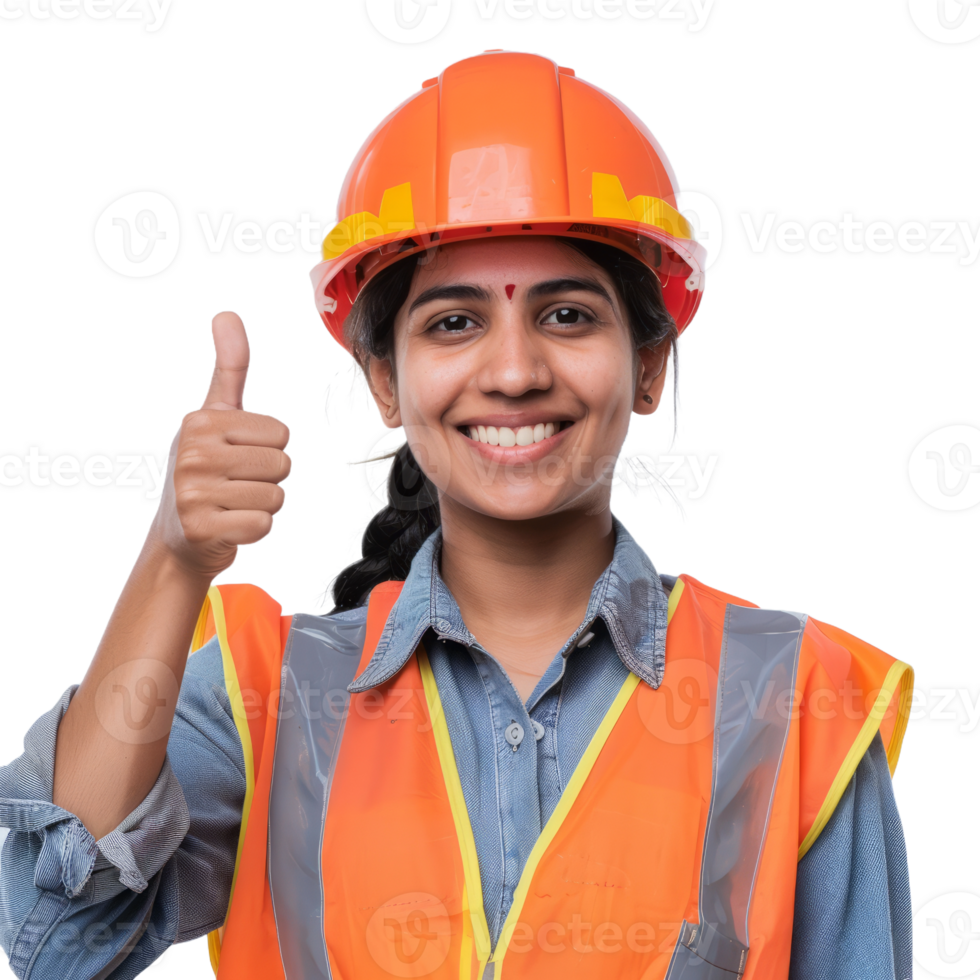 Smiling indian engineer woman with thumb up isolated on transparent background png