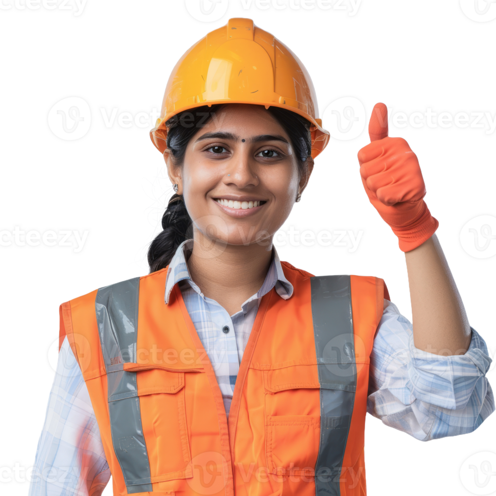 Builder professional indian woman with thumb up isolated on transparent background png